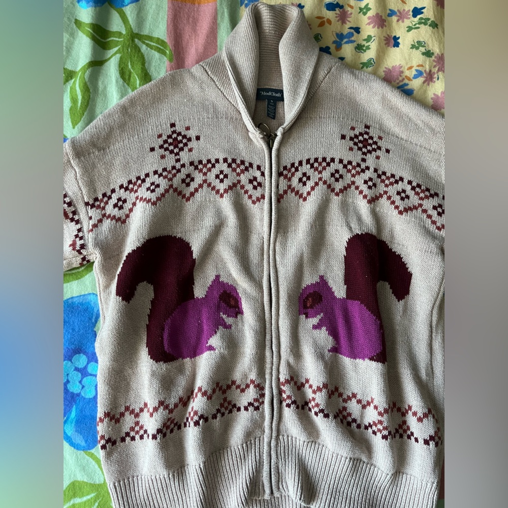 Woolblend Zip-Front Squirrel Pattern Sweater - Beige & Purple